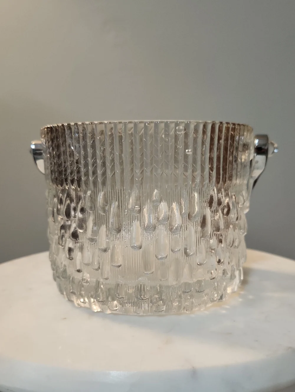 Vintage MCM Clear Textured Glass Ice Bucket Silver Tongs Teleflora